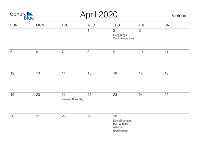 April 2020 Calendar - Vietnam