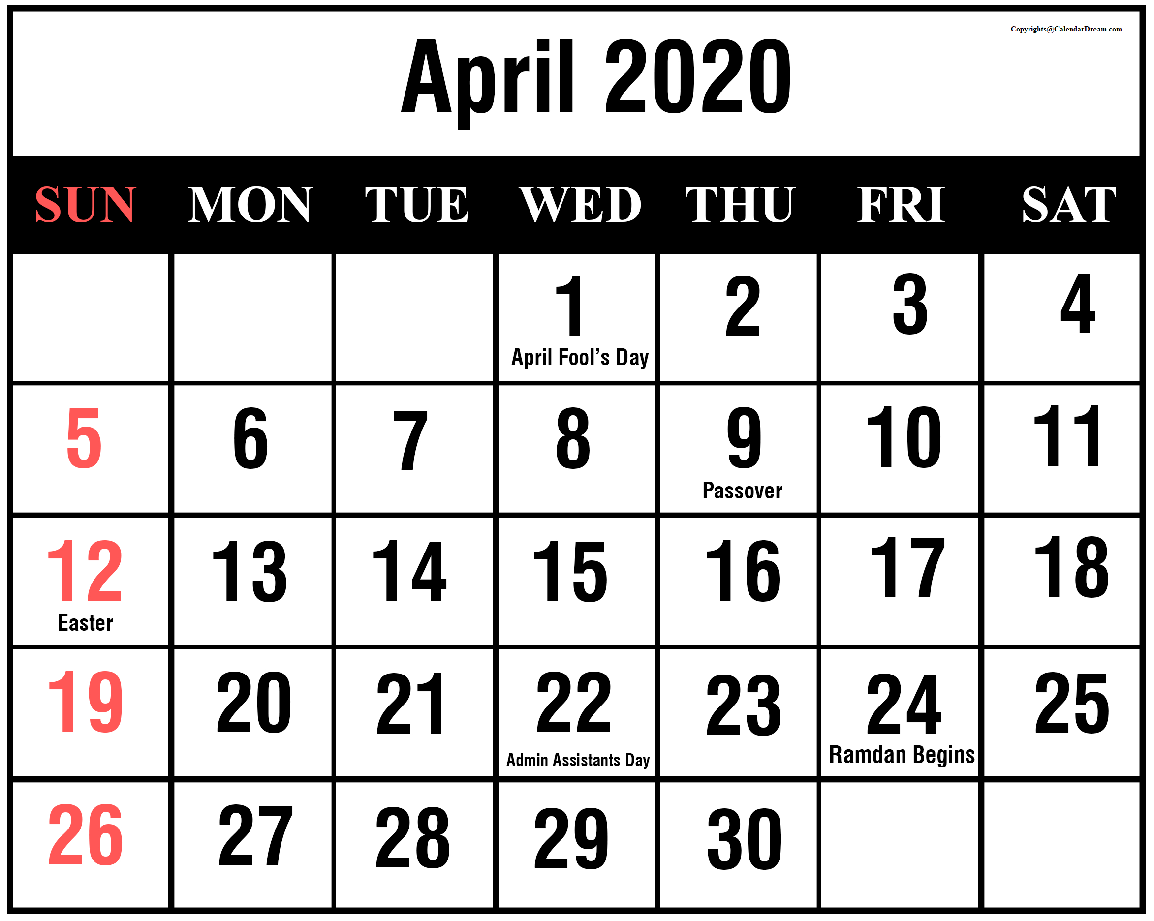 April 2020 Printable Calendar In Pdf Word Excel With Holidays