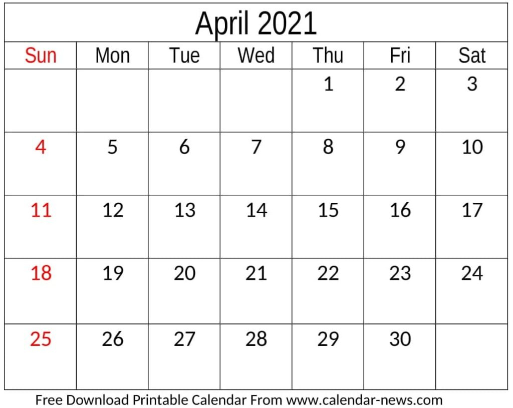April 2021 Calendar : April 2021 Calendar Free Blank