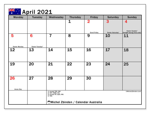 April 2021 Calendar, Australia - Michel Zbinden En