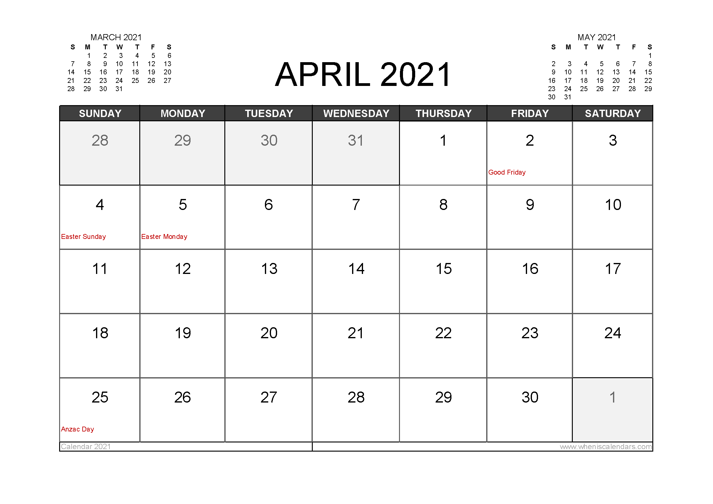 April 2021 Calendar Australia With Holidays