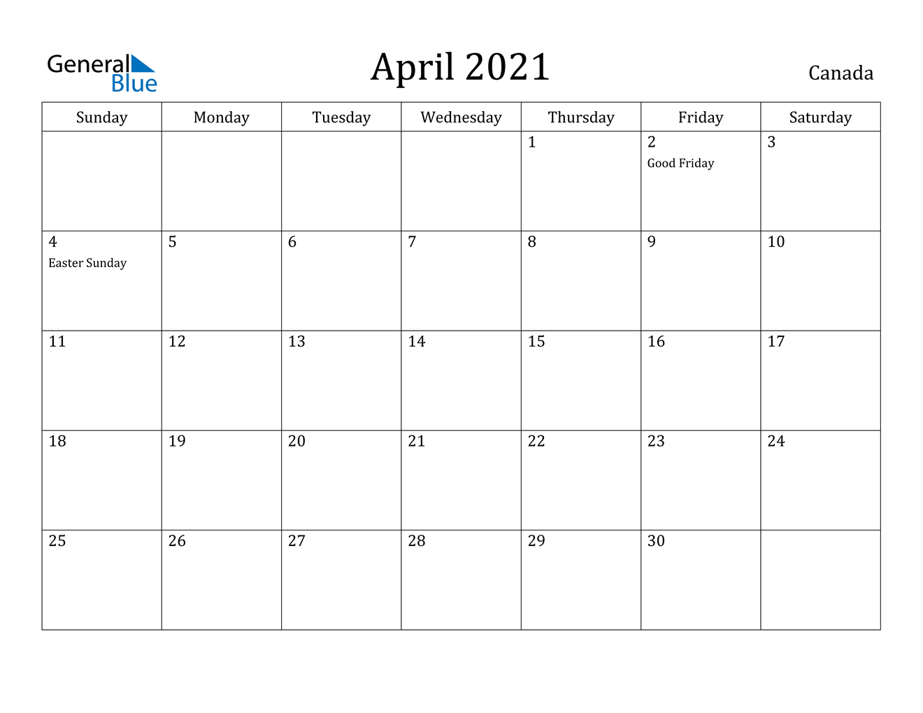 April 2021 Calendar - Canada