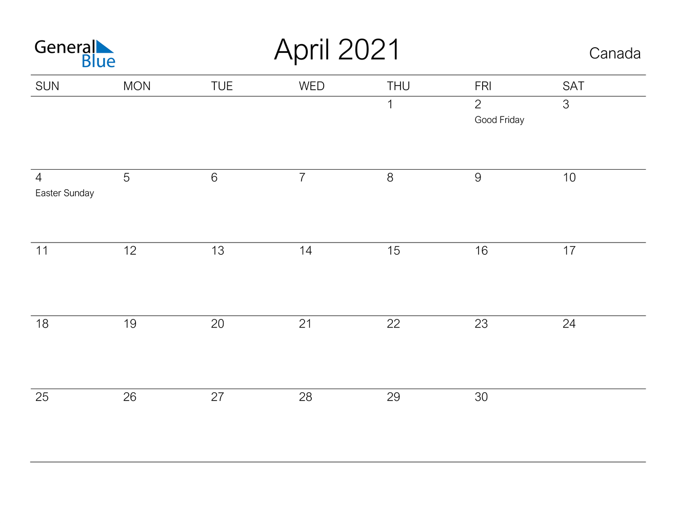 April 2021 Calendar - Canada