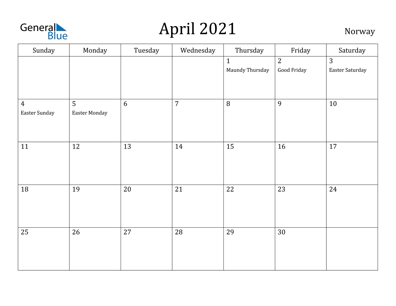 April 2021 Calendar - Norway