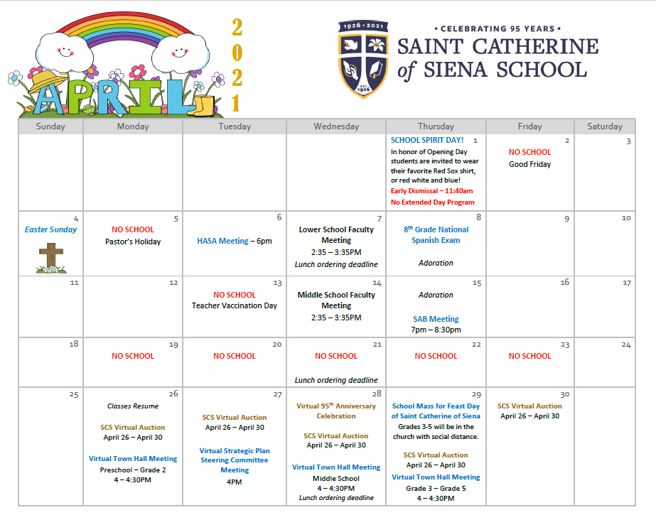 April 2021 Calendar | St Catherine Siena
