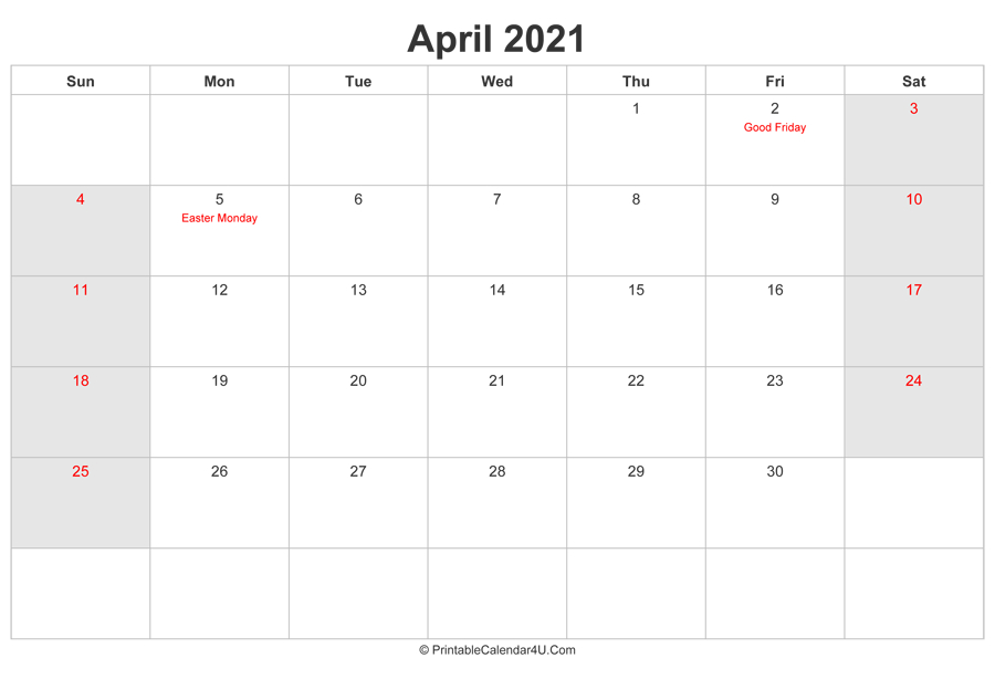 April 2021 Calendar With Uk Bank Holidays Highlighted