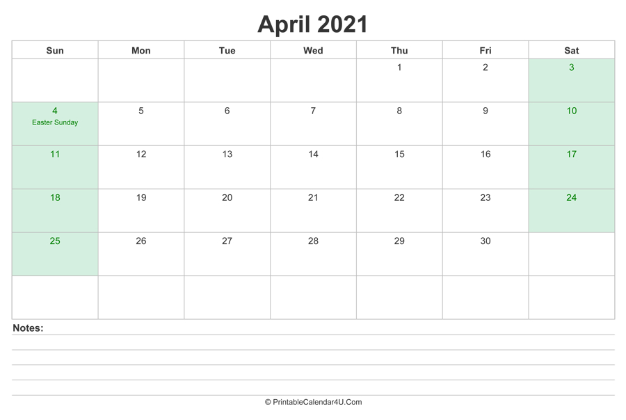 April 2021 Calendar With Us Holidays And Notes (Landscape