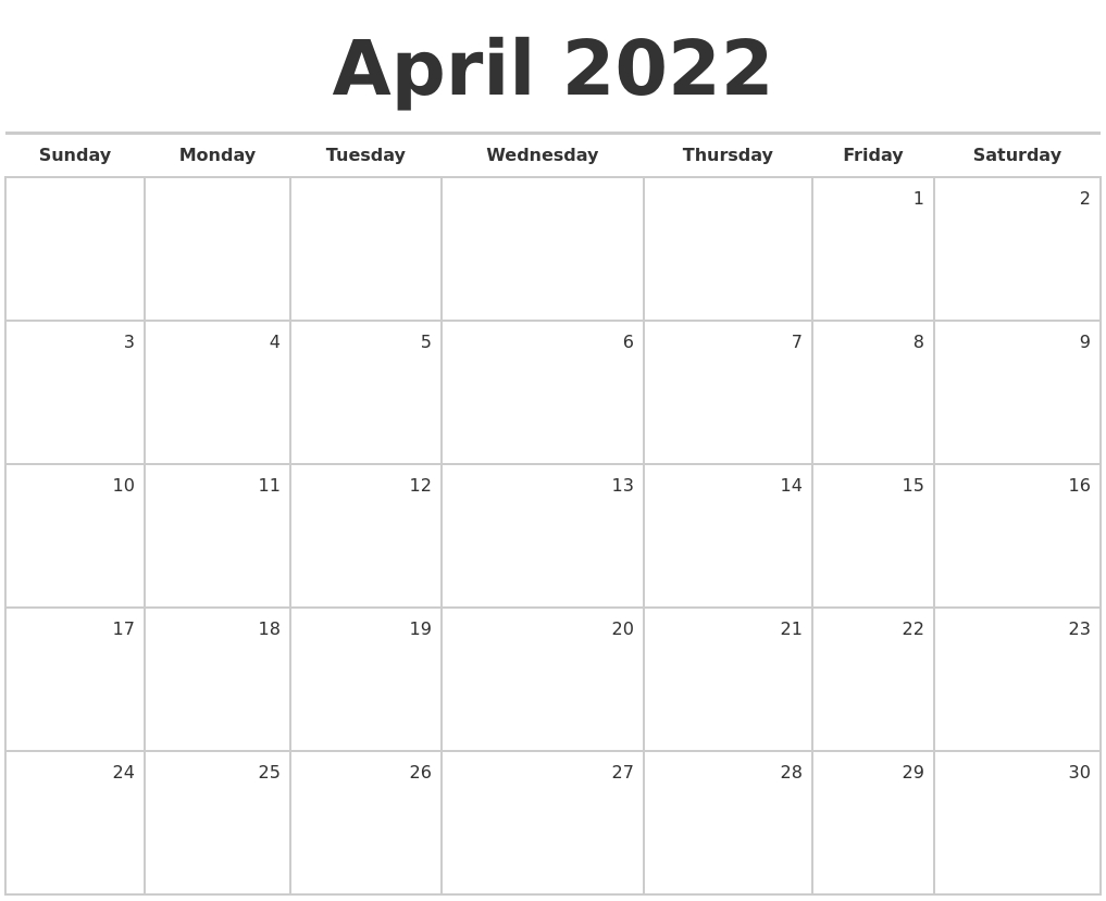 April 2022 Blank Monthly Calendar