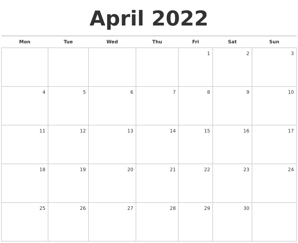 April 2022 Blank Monthly Calendar