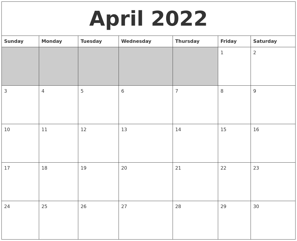 April 2022 Blank Printable Calendar