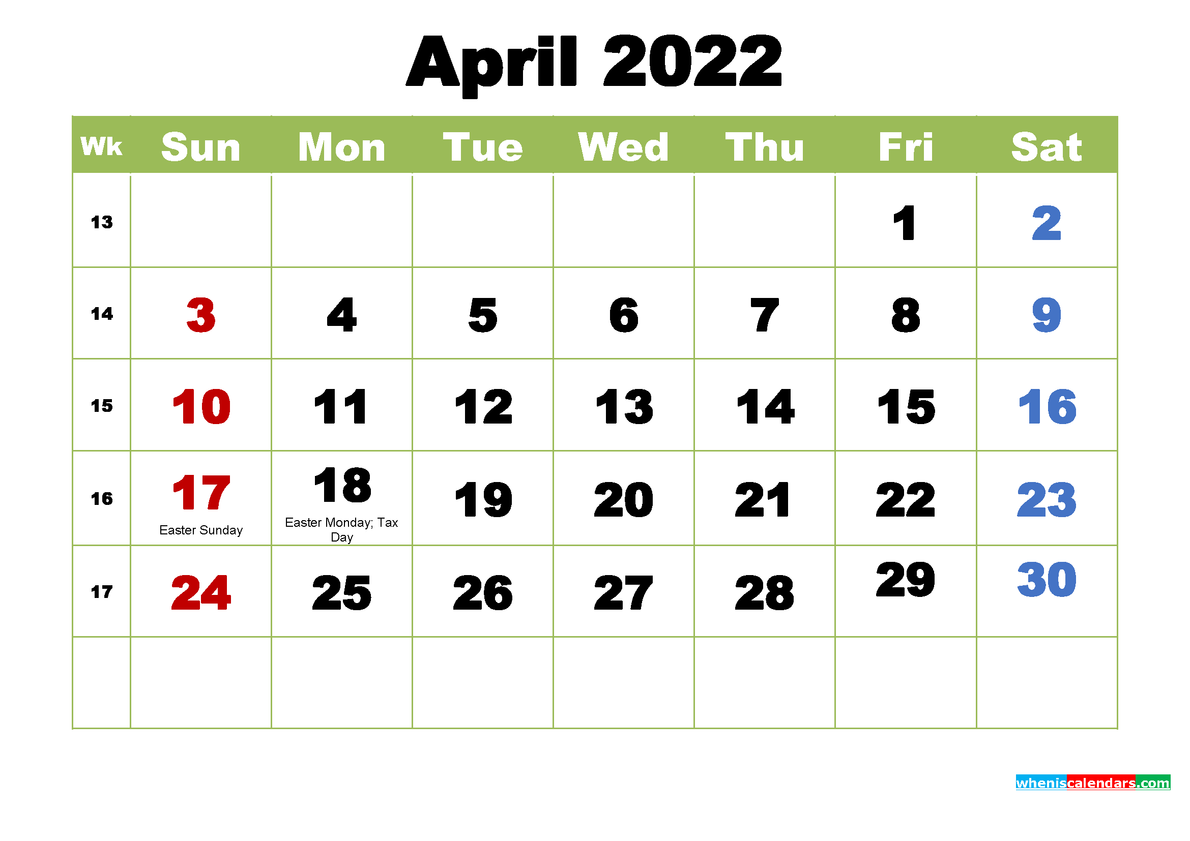 April 2022 Calendar - Allcalendar