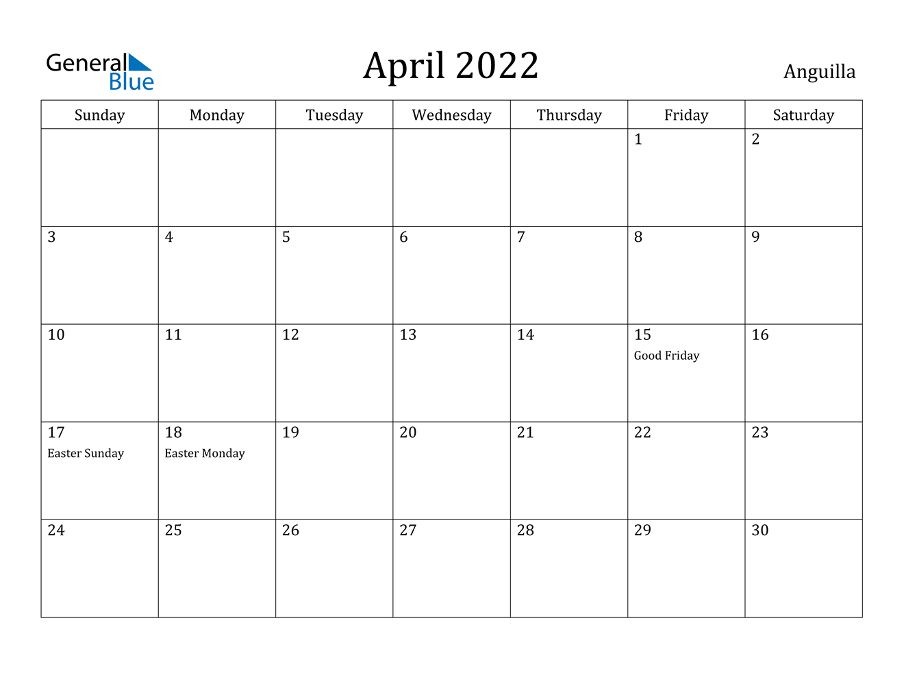 April 2022 Calendar - Anguilla