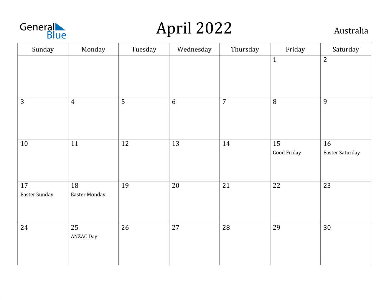 April 2022 Calendar - Australia