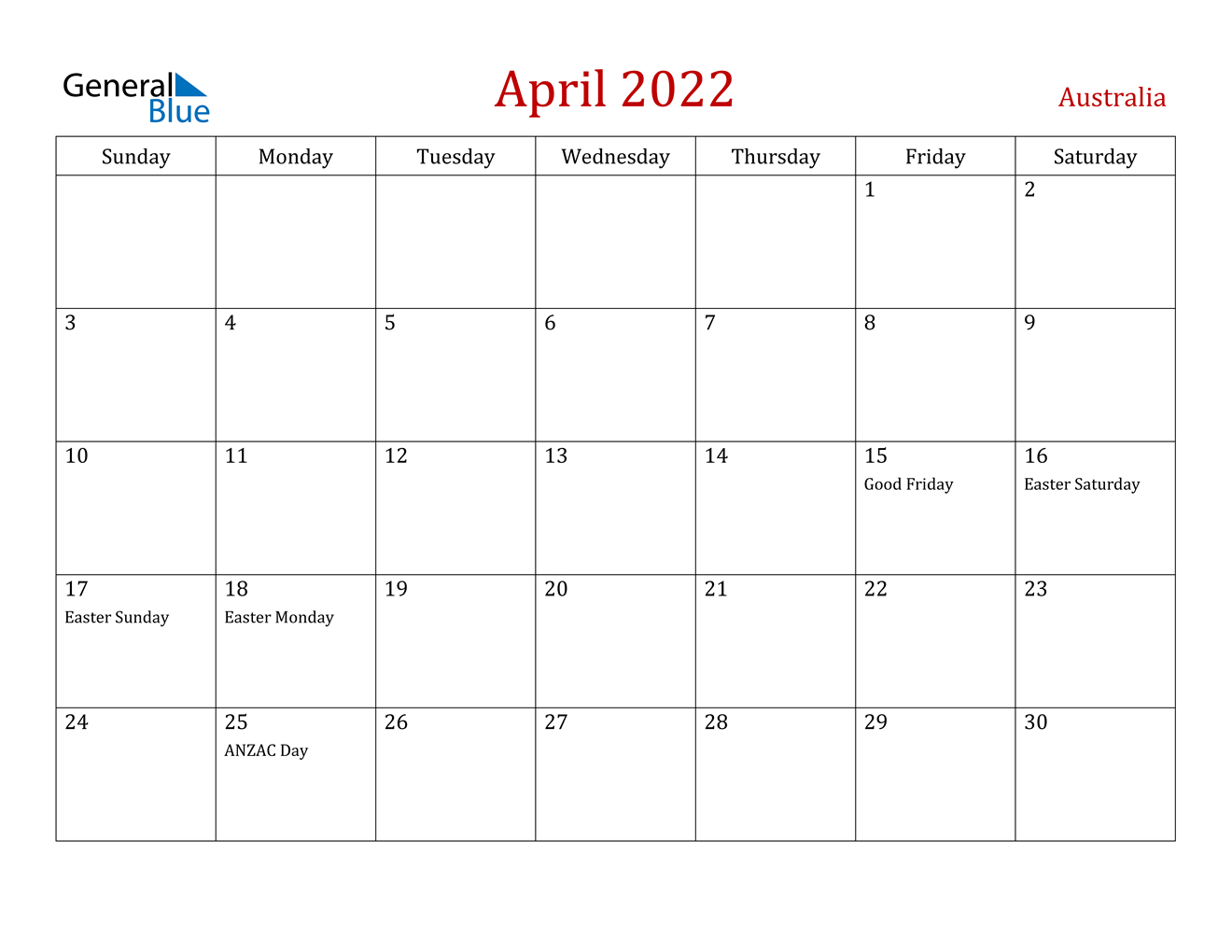 April 2022 Calendar - Australia