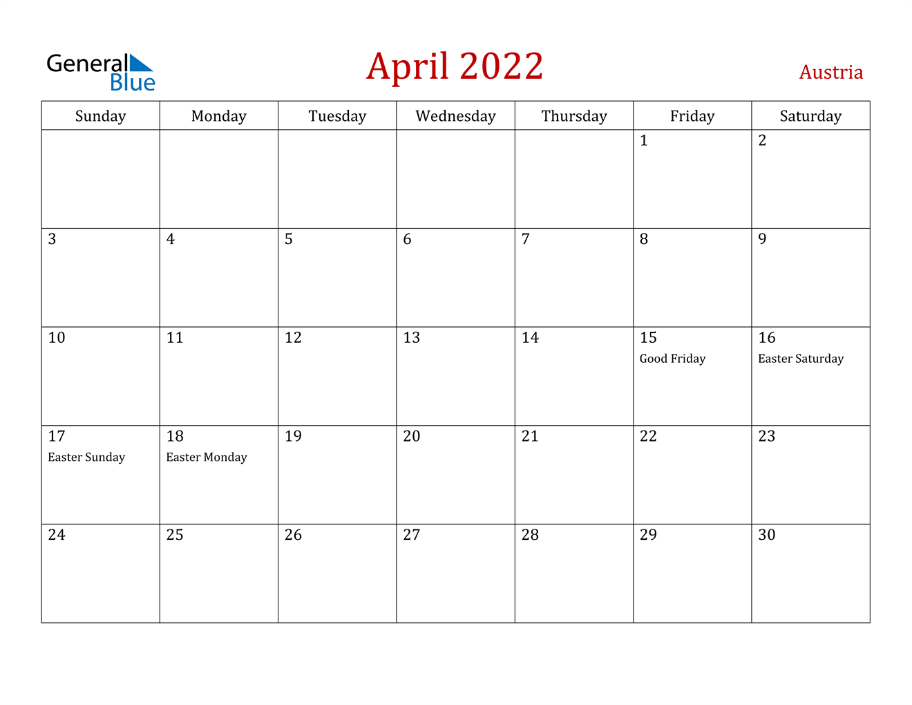 April 2022 Calendar - Austria
