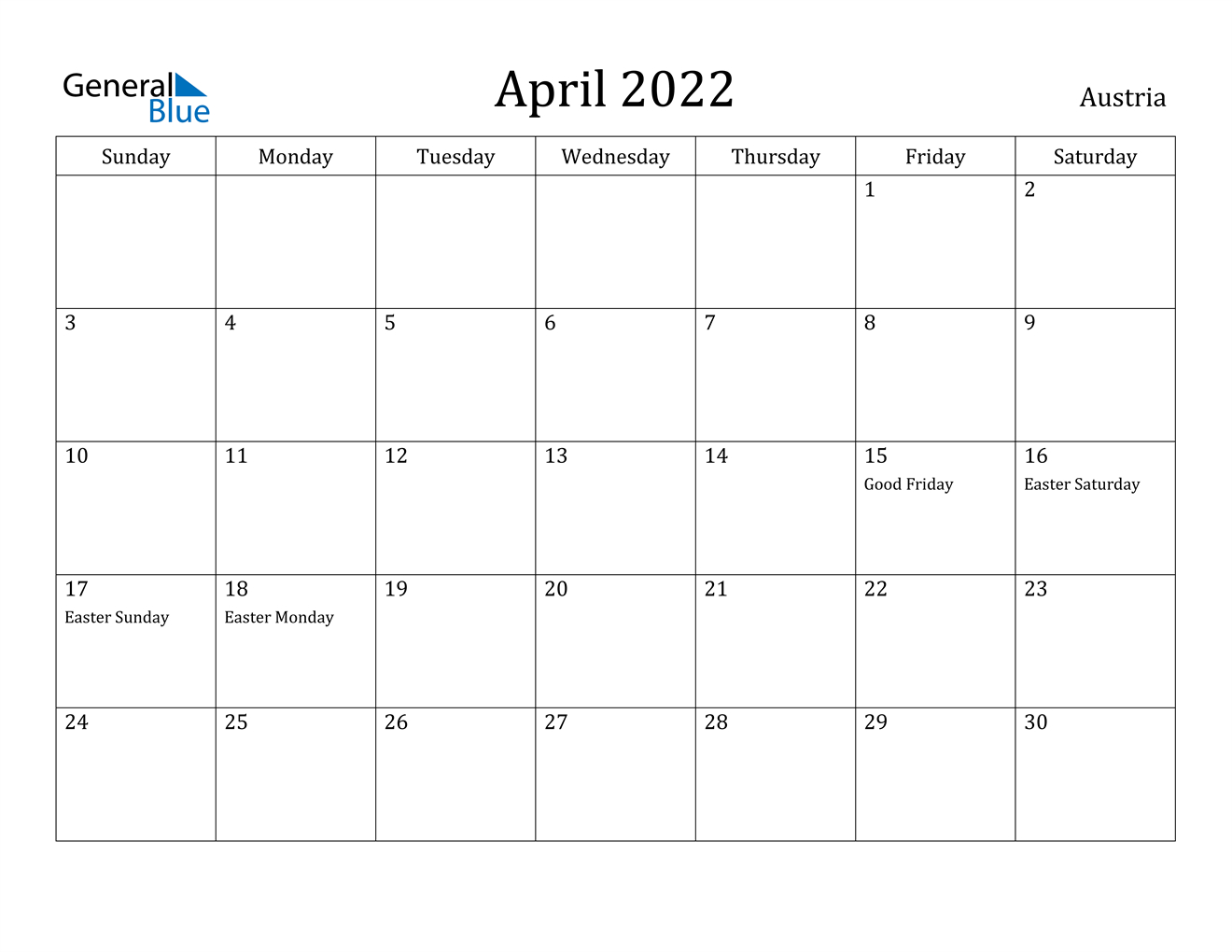 April 2022 Calendar - Austria