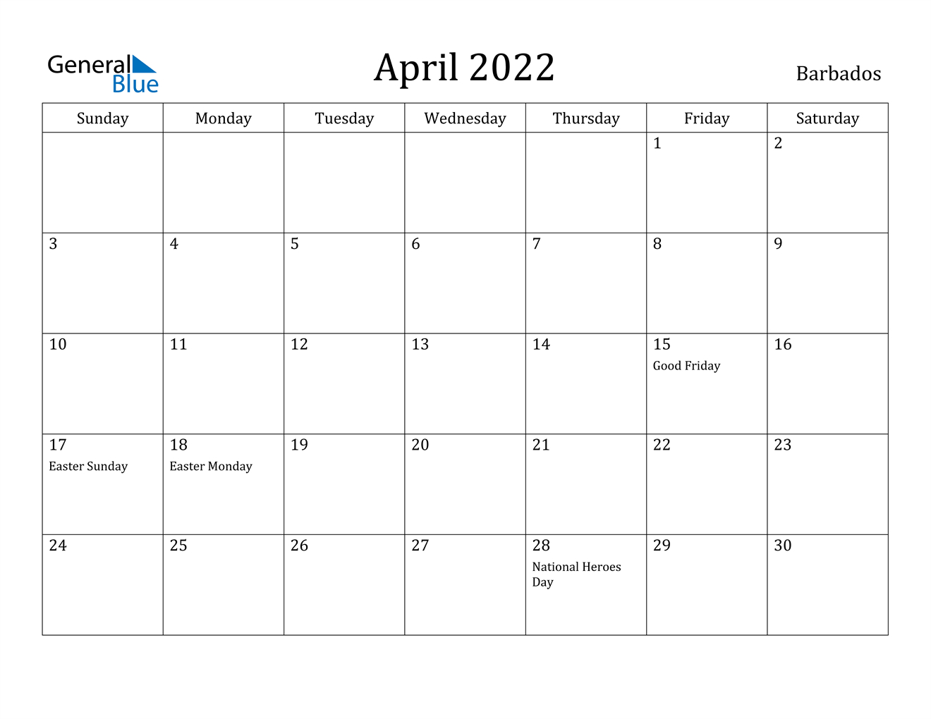 April 2022 Calendar - Barbados