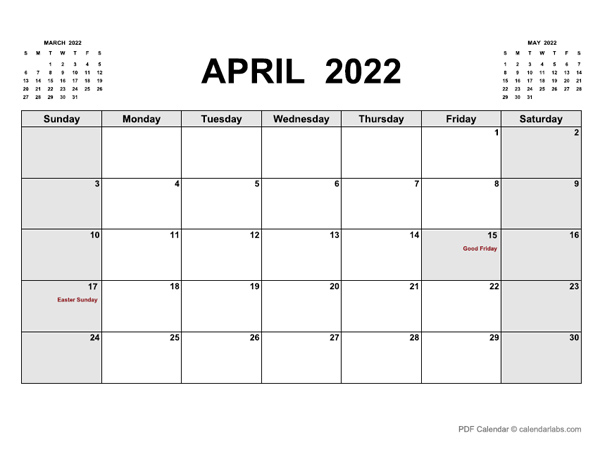 April 2022 Calendar | Calendarlabs