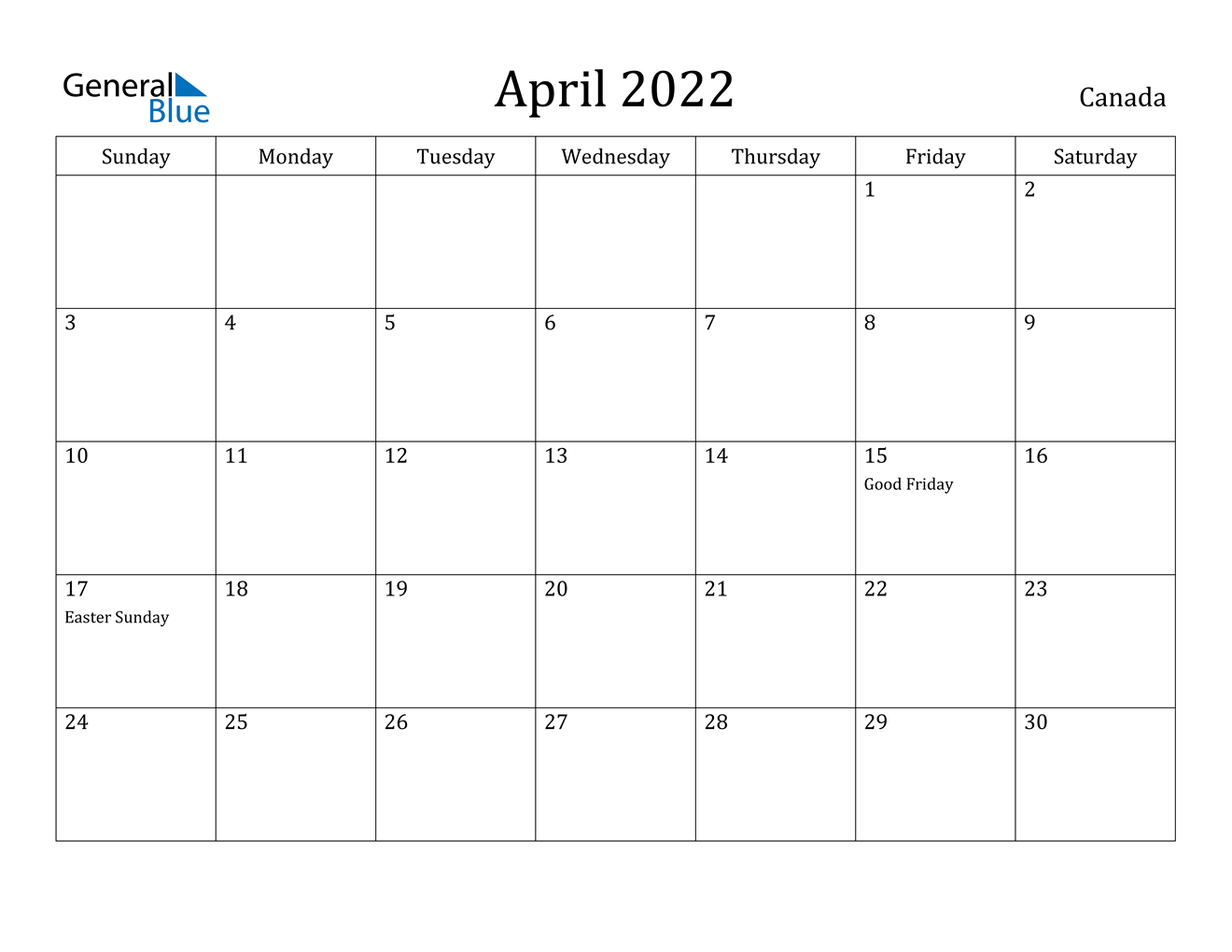 April 2022 Calendar - Canada