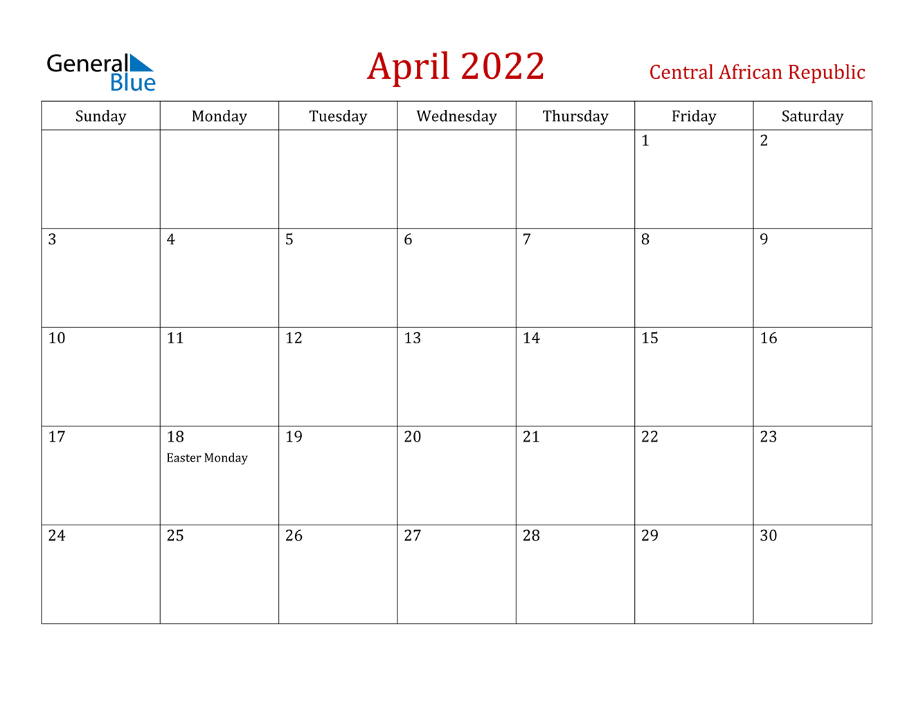 April 2022 Calendar - Central African Republic