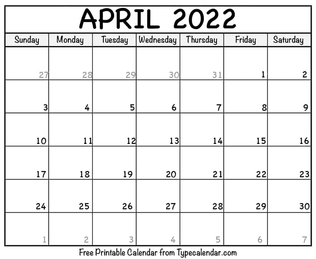 April 2022 Calendar Easter Parade