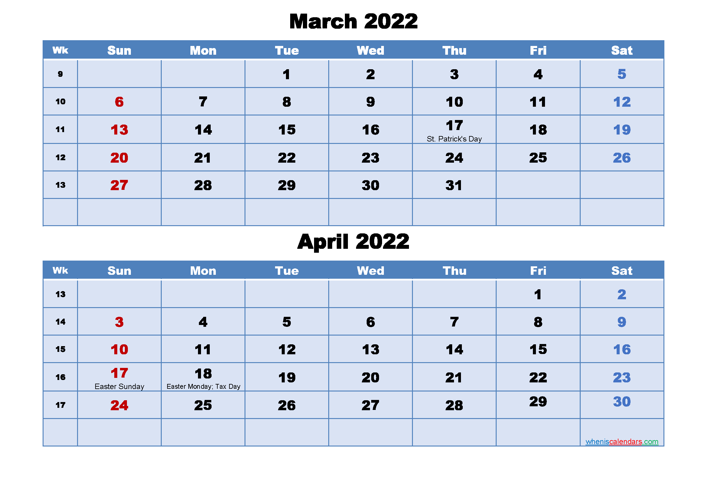 April 2022 Calendar Easter Parade