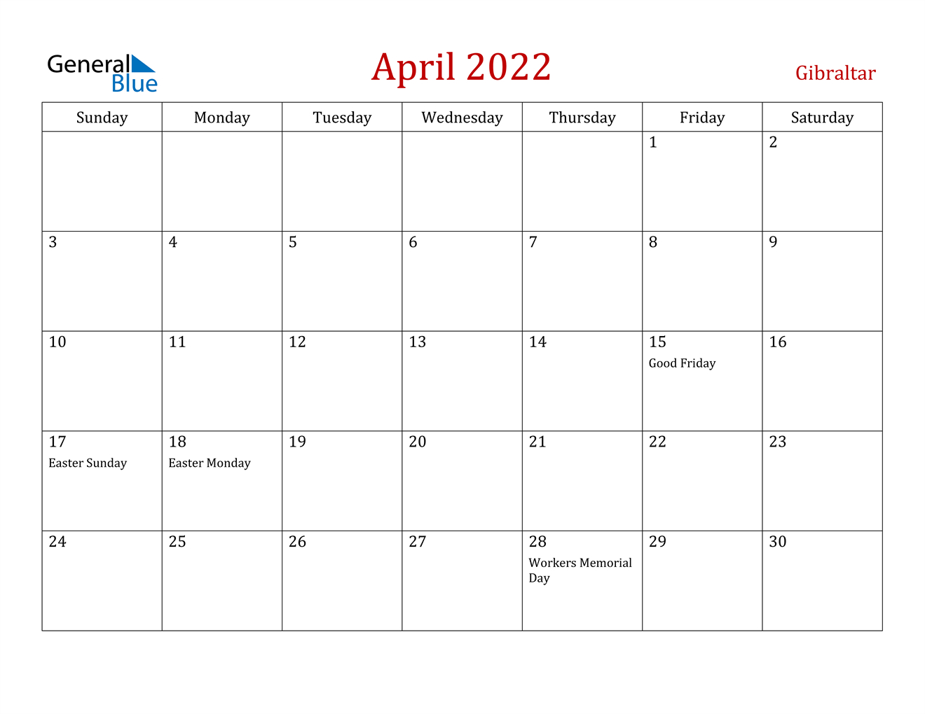 April 2022 Calendar - Gibraltar