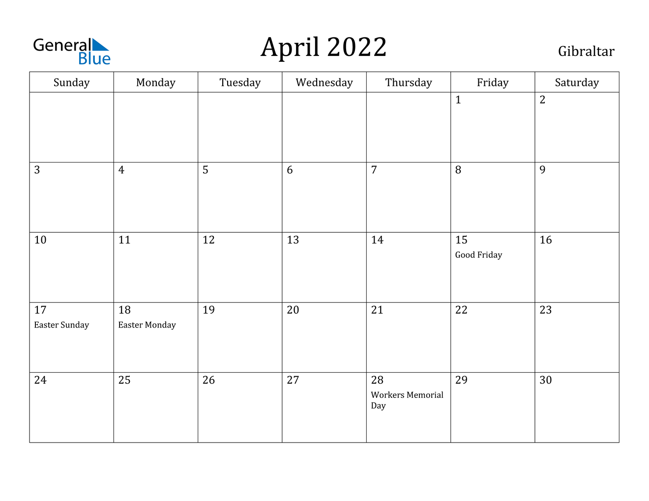 April 2022 Calendar - Gibraltar