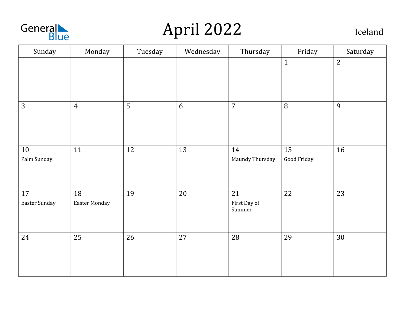 April 2022 Calendar - Iceland
