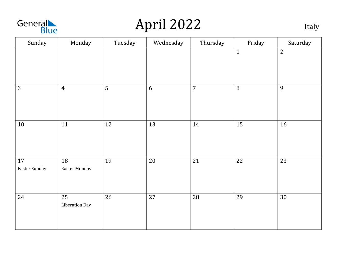 April 2022 Calendar - Italy