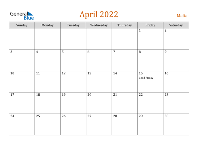 April 2022 Calendar - Malta