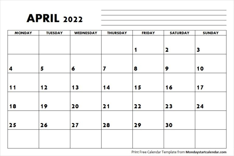 April 2022 Calendar Monday Start | April Month Template