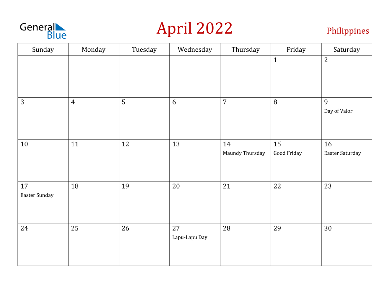 April 2022 Calendar - Philippines