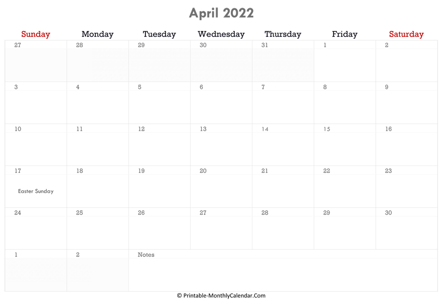 April 2022 Calendar Printable With Holidays