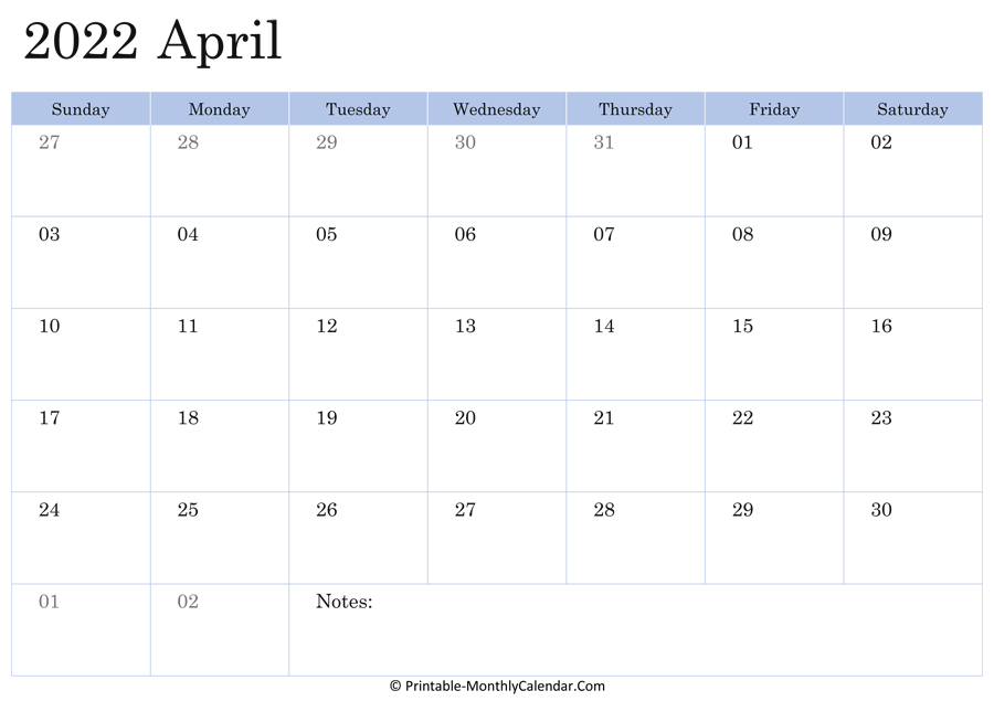 April 2022 Calendar Printable With Holidays