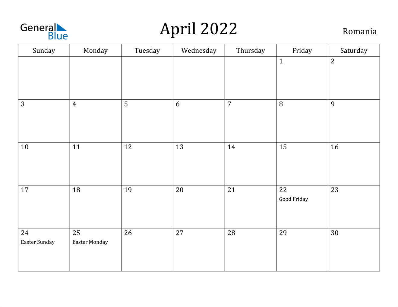 April 2022 Calendar - Romania