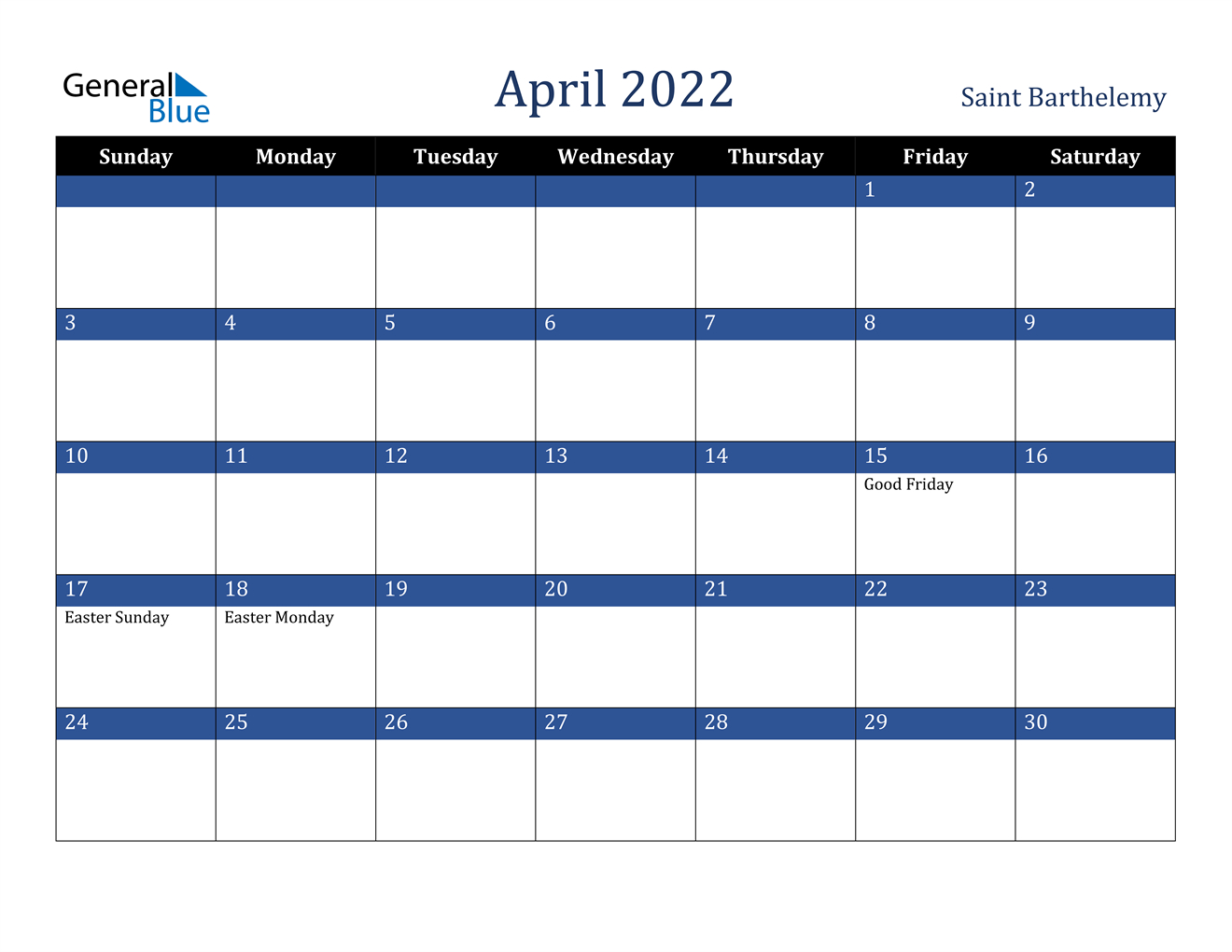 April 2022 Calendar - Saint Barthelemy