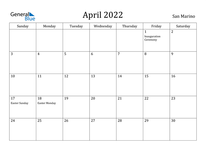 April 2022 Calendar - San Marino