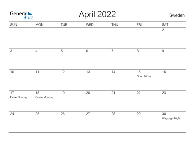 April 2022 Calendar - Sweden