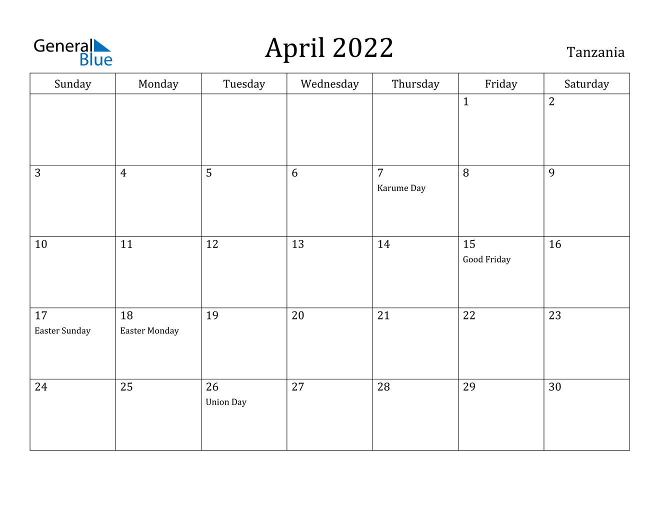 April 2022 Calendar - Tanzania