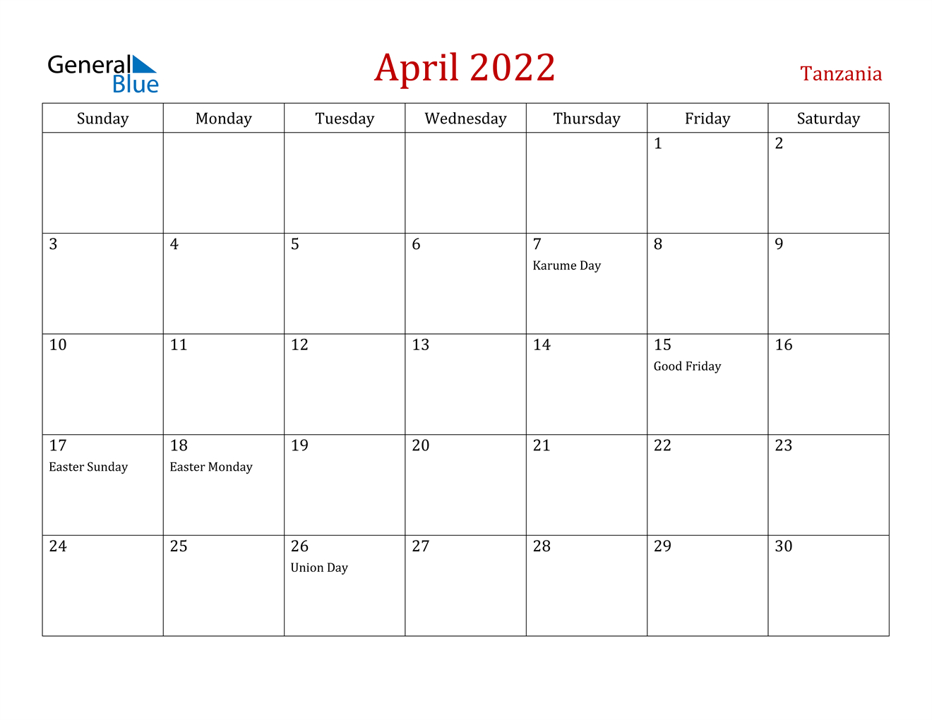 April 2022 Calendar - Tanzania