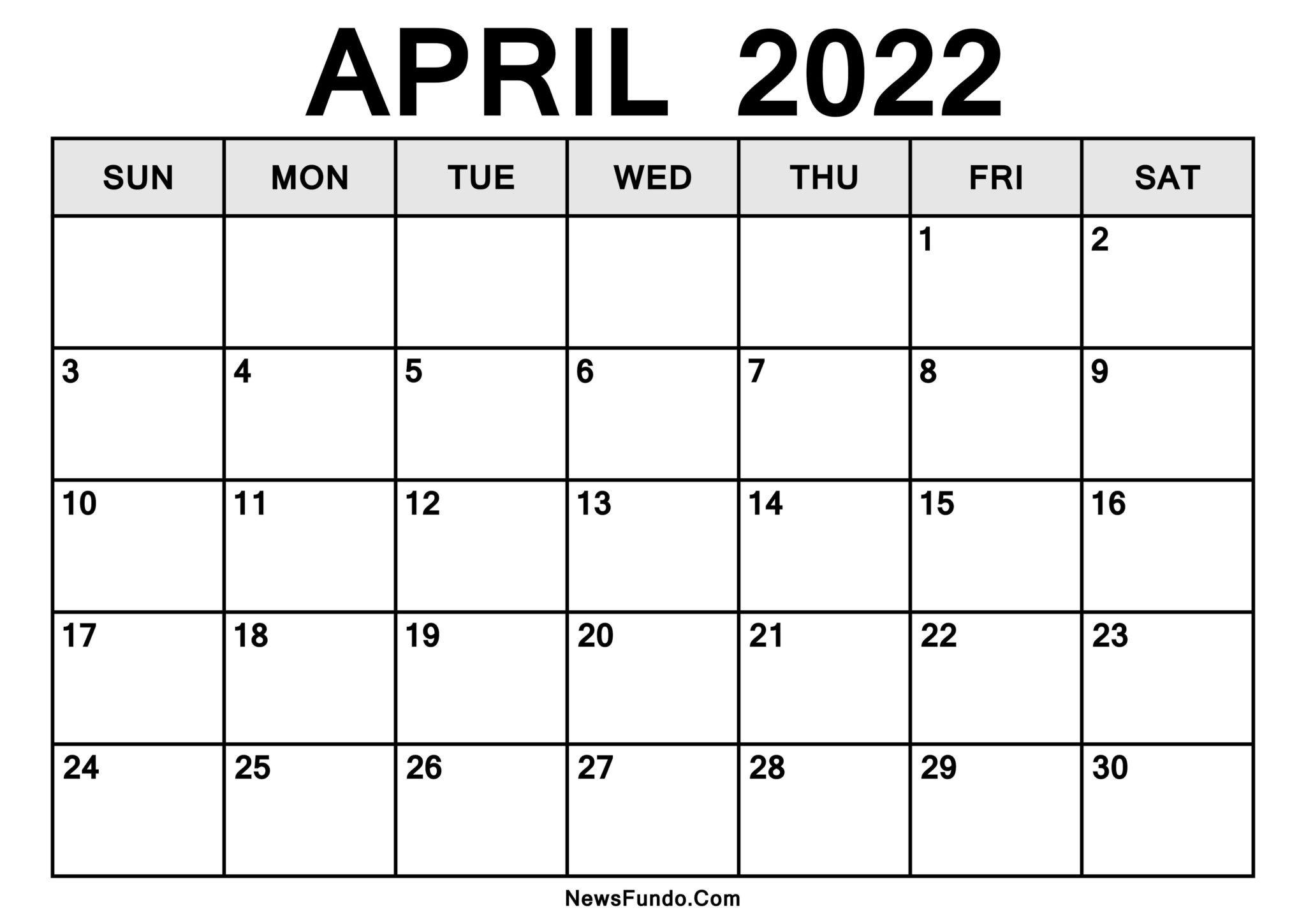 April 2022 Calendar Template Printable - Print Now