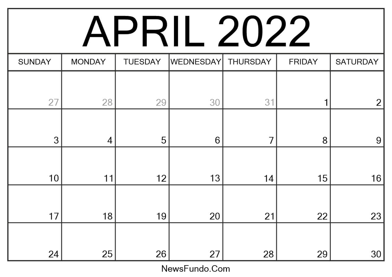 April 2022 Calendar Template Printable - Print Now