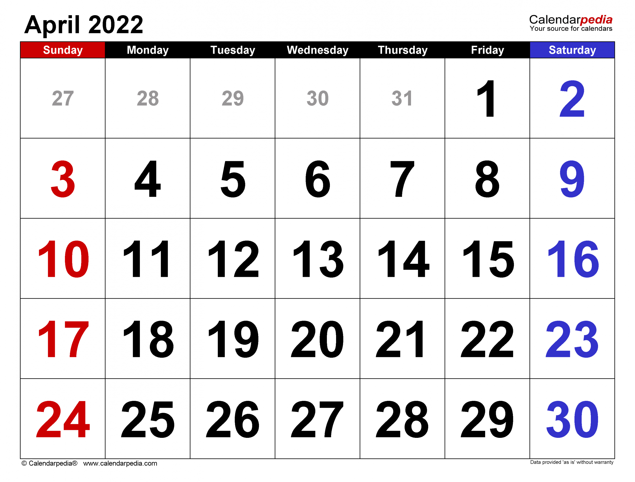 April 2022 Calendar | Templates For Word, Excel And Pdf