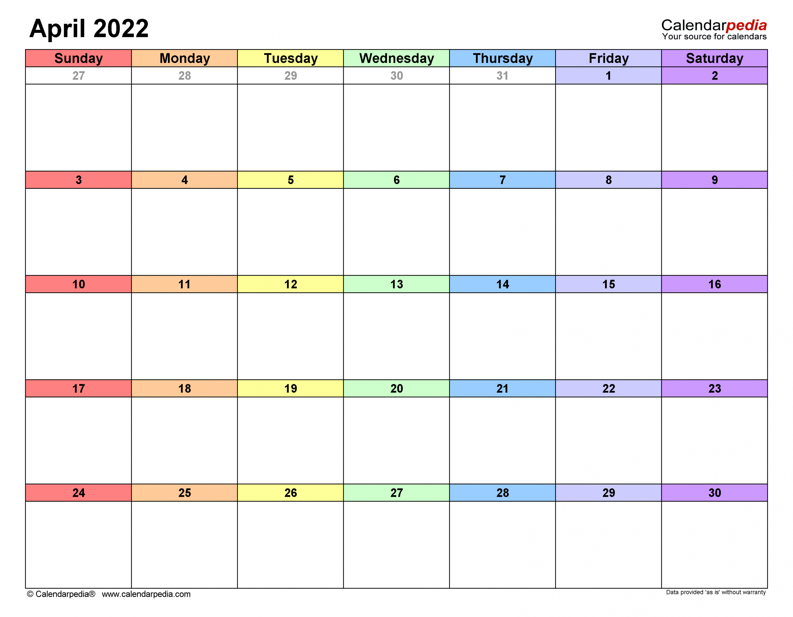 April 2022 Calendar | Templates For Word, Excel And Pdf