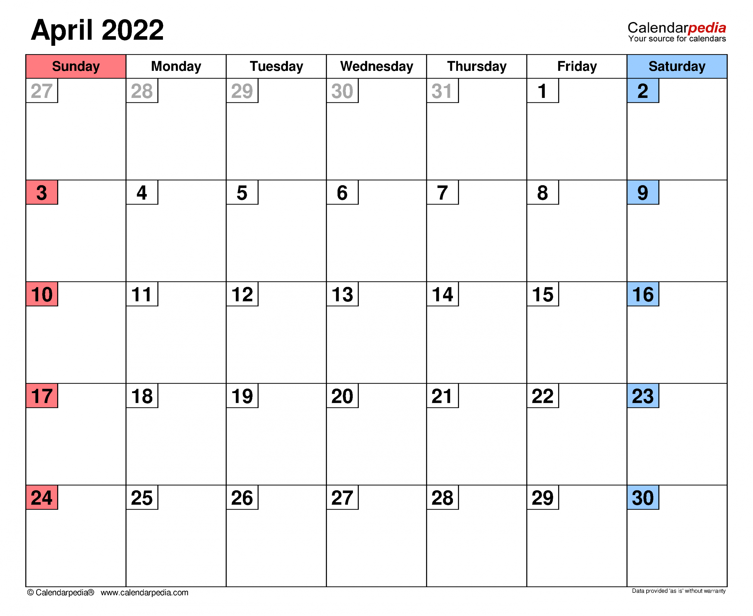 April 2022 Calendar | Templates For Word, Excel And Pdf