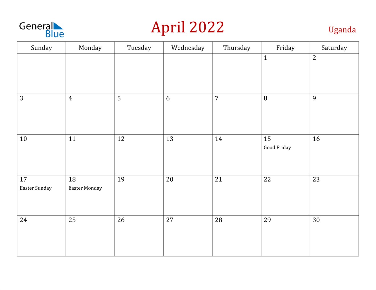 April 2022 Calendar - Uganda