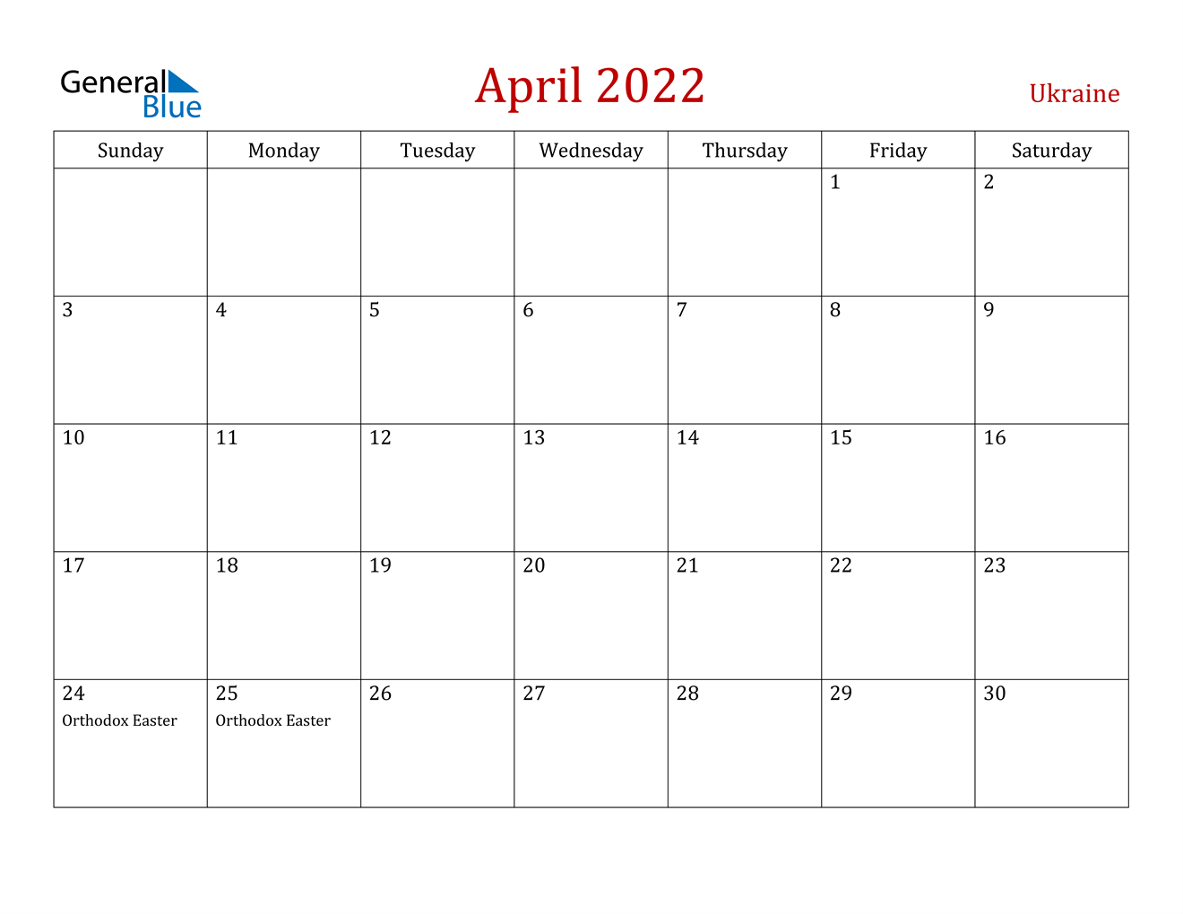 April 2022 Calendar - Ukraine