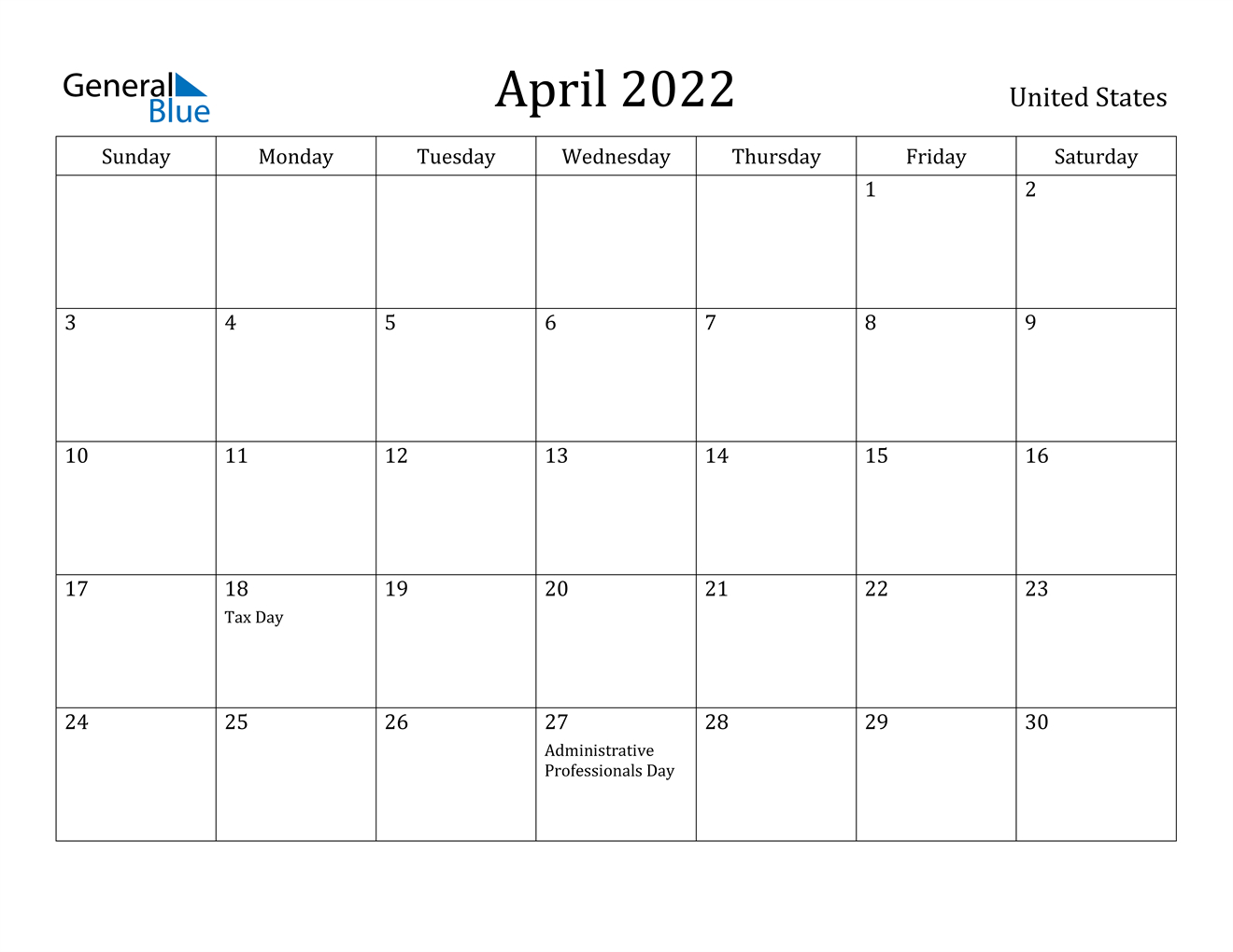 April 2022 Calendar - United States