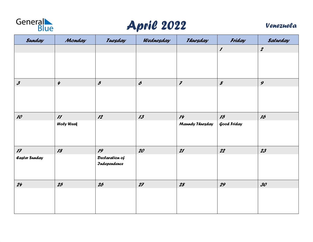 April 2022 Calendar - Venezuela